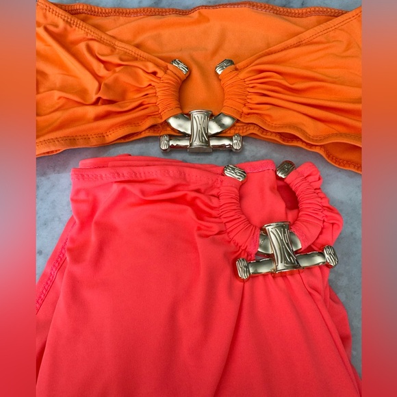Neon Two Piece Beach Outfit Metal Rings Strapless Crop Top High Split Maxi Skirt - Picture 3 of 5
